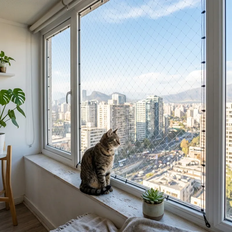 Gato seguro tras malla en ventana