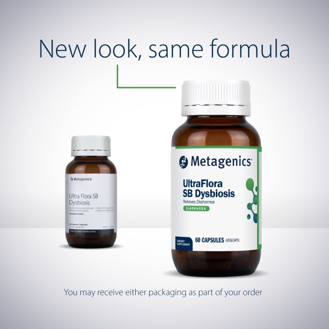 Alt Text: Metagenics UltraFlora SB Dysbiosis Probiotic 60 Capsules 10% off RRP at HealthMasters Metagenics New Look
