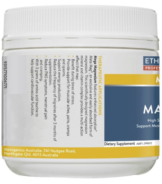 Ethical Nutrients MEGAZORB Mega Magnesium Powder (Raspberry) 200g Side B