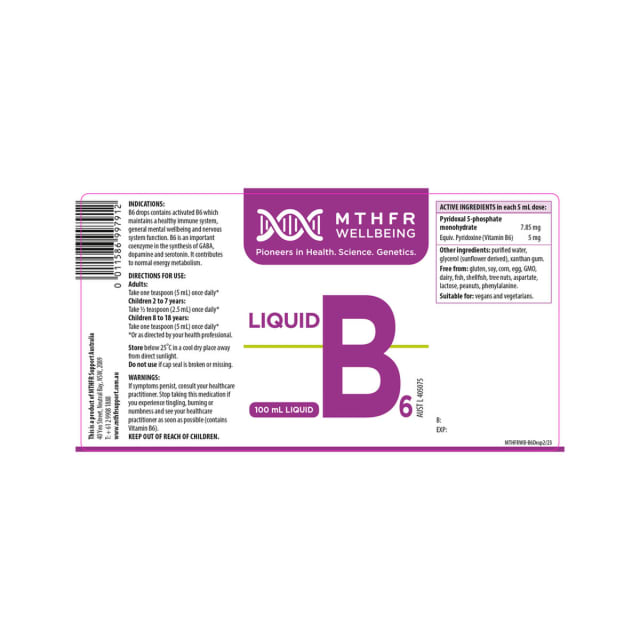 MTHFR Wellbeing B6 Liquid 100ml 10% off RRP at HealthMasters MTHFR Wellbeing Label