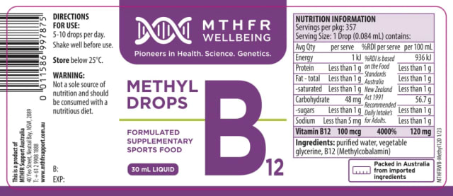 MTHFR Wellbeing Methyl B12 Drops 30mL 10% off RRP at HealthMasters MTHFR Wellbeing Label