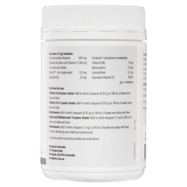 Metagenics Meta Zinc With Vitamin C Orange 228g 10% off RRP | HealthMasters Metagenics Ingredients