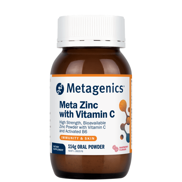 Metagenics Meta Zinc with Vitamin C Raspberry 114g Powder 10% off RRP at HealthMasters Metagenics