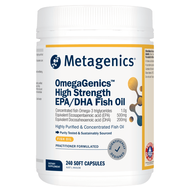 Metagenics OmegaGenics High Strength EPA DHA Fish Oil 240 Capsules 10% off RRP at HealthMasters Metagenics