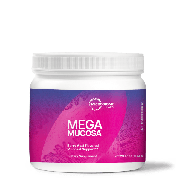 2026 Label MicroBiome Labs MegaMucosa 148.5g Powder 10% off RRP at HealthMasters MicroBiome Labs Bottle Front
