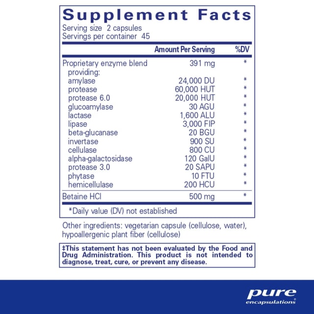 Pure Encapsulations Digestive Enzymes Ultra with Betaine HCl 10% off RRP at HealthMasters Pure Encaps Ingredients