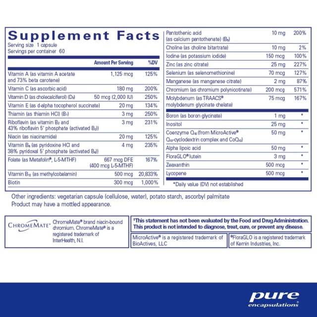 Pure Encapsulations O.N.E. Multivitamin 60 Capsules 10% off RRP at HealthMasters Pure Encapsulations Ingredients