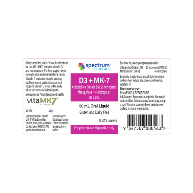 Spectrumceuticals D3 + MK-7 Spray Oral Liquid 10% off RRP at HealthMasters Spectrumceuticals Label