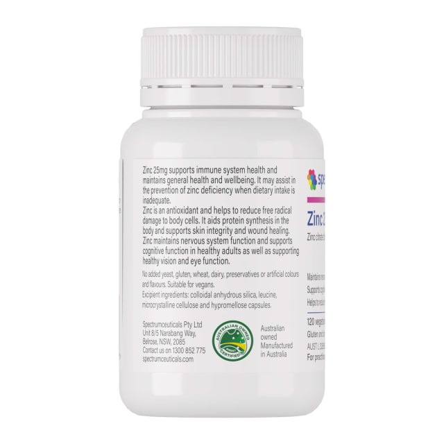 Spectrumceuticals Zinc 25mg 120caps 10% off RRP at HealthMasters Spectrumceuticals Ingredients