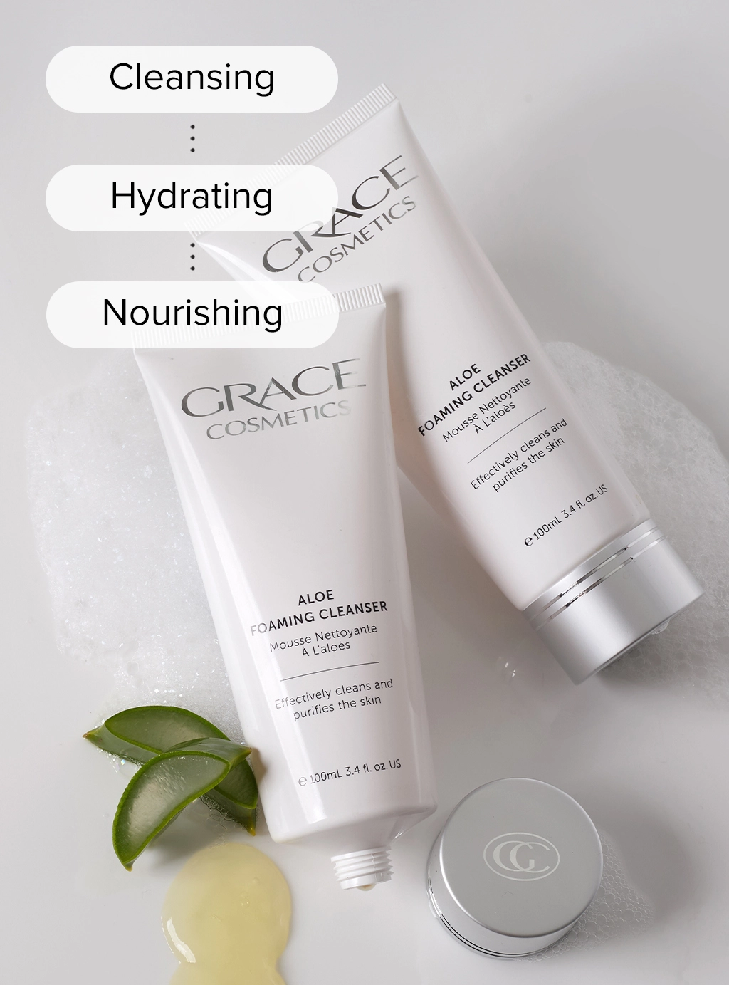 Aloe Foaming Cleanser product shot with benefits cleansing, hydrating, nourishing