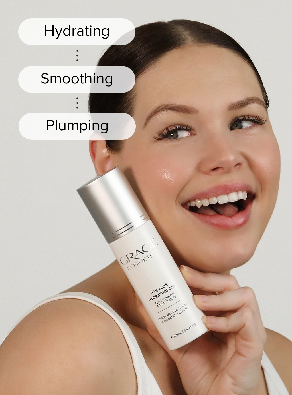 Close up of person holding 95% Aloe Hydrating Gel with product benefits hydrating, smoothing, plumping