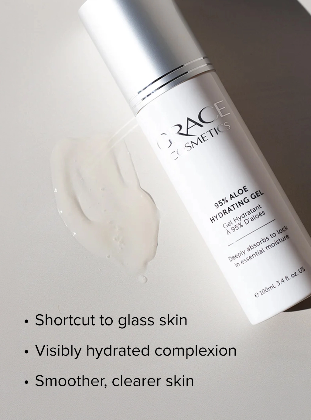 Close up product and texture shot of 95% Aloe Hydrating Gel with benefits - shortcut to glass skin