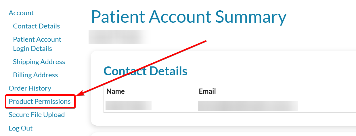 Product Permissions link found on the account page side menu