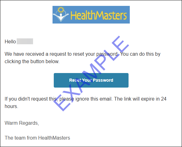 Example password reset email with button to reset password