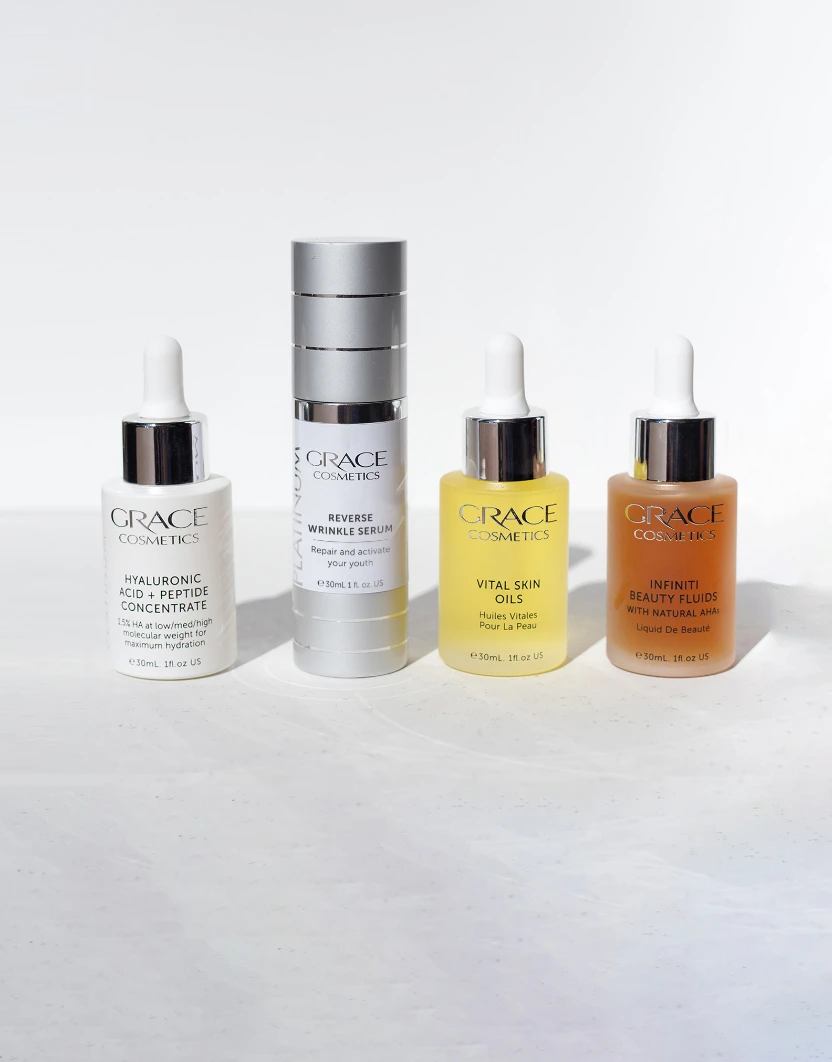 Grace Cosmetics aloe serum bottles arranged side by side