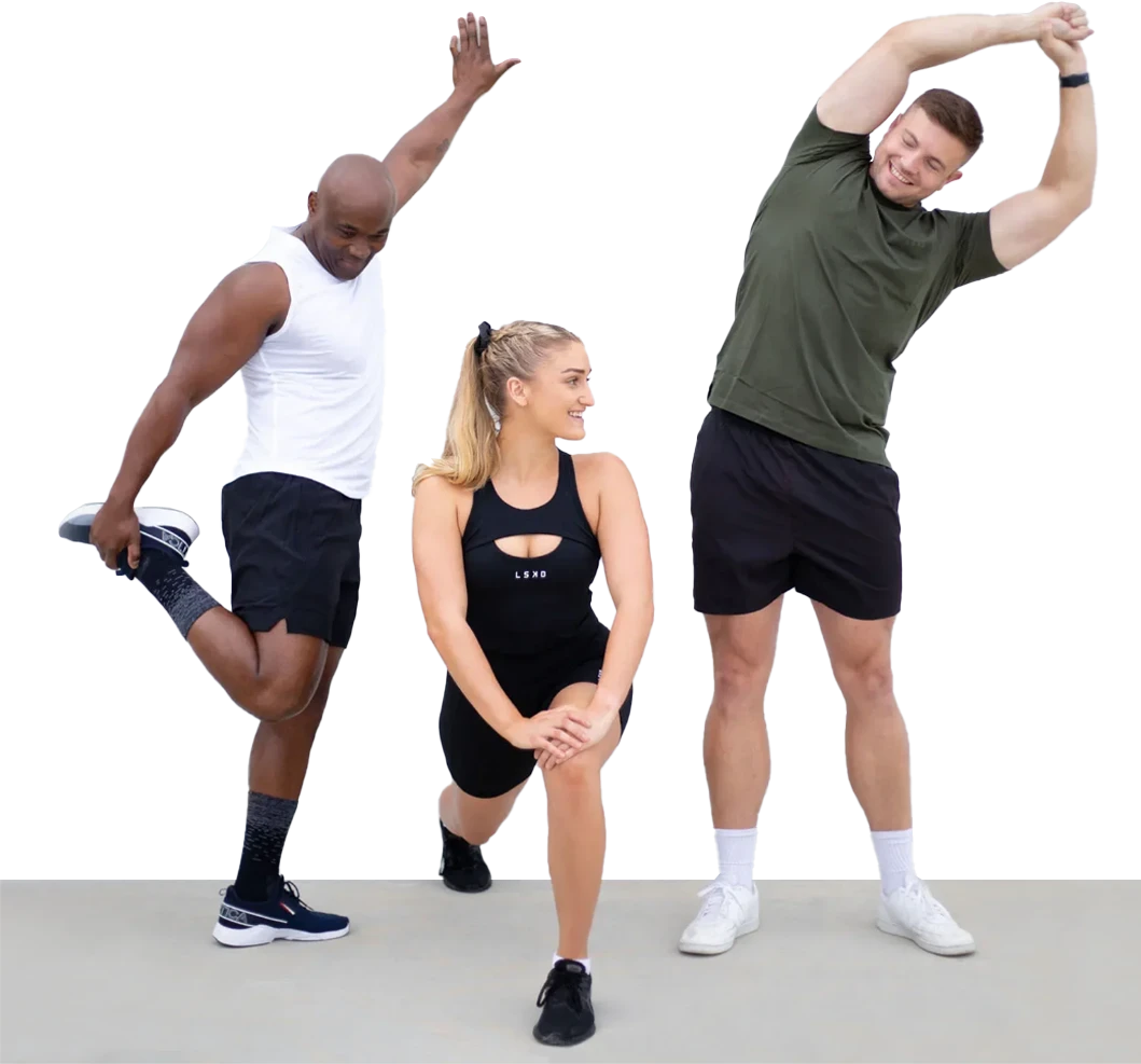 Two men and a woman in gym wear stretching