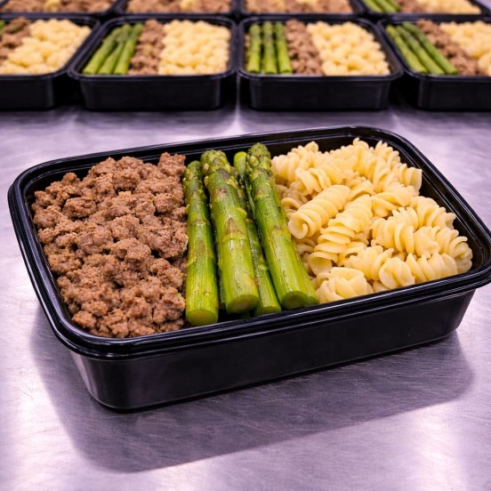 B2B Ground Beef, Rotini, Asparagus