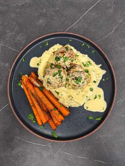 Entree: Turkey Meatballs with Herb-Roasted Rainbow Carrots