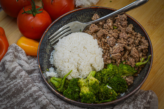 B2B Ground Beef, Rice, Broccoli