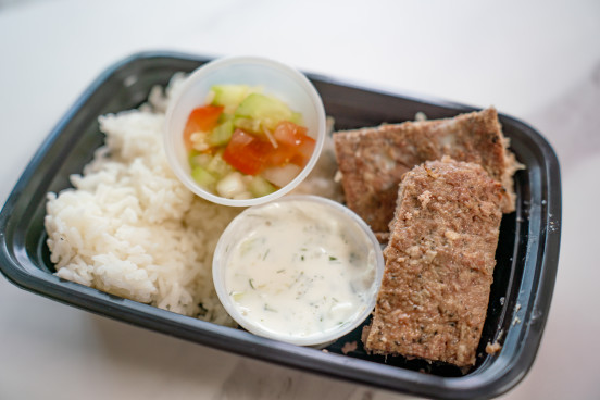 Beef Kebab w/ White Rice, Shirazi Salad, & Tzatziki