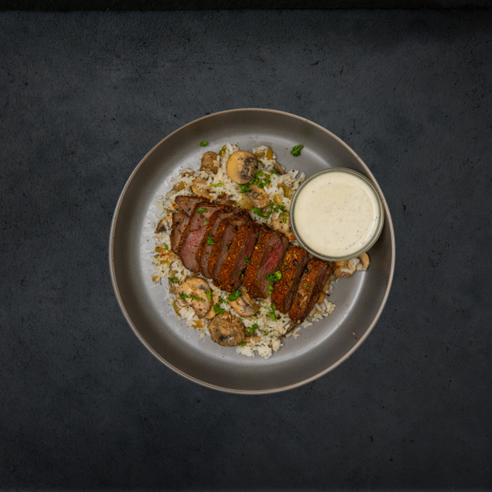 Entree: Sirloin Steak w/ Mushroom & Onion Pilaf 