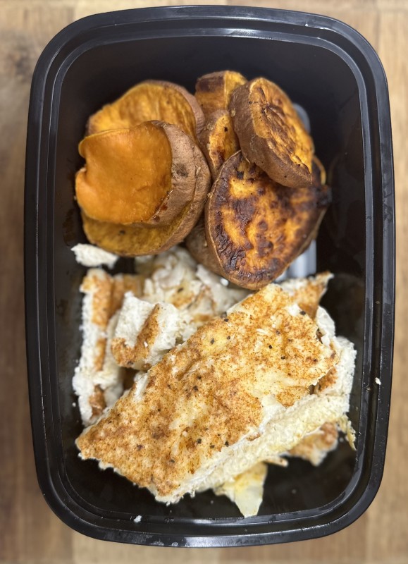 Baked Cheesy Egg Whites with Roasted Sweet Potatoes