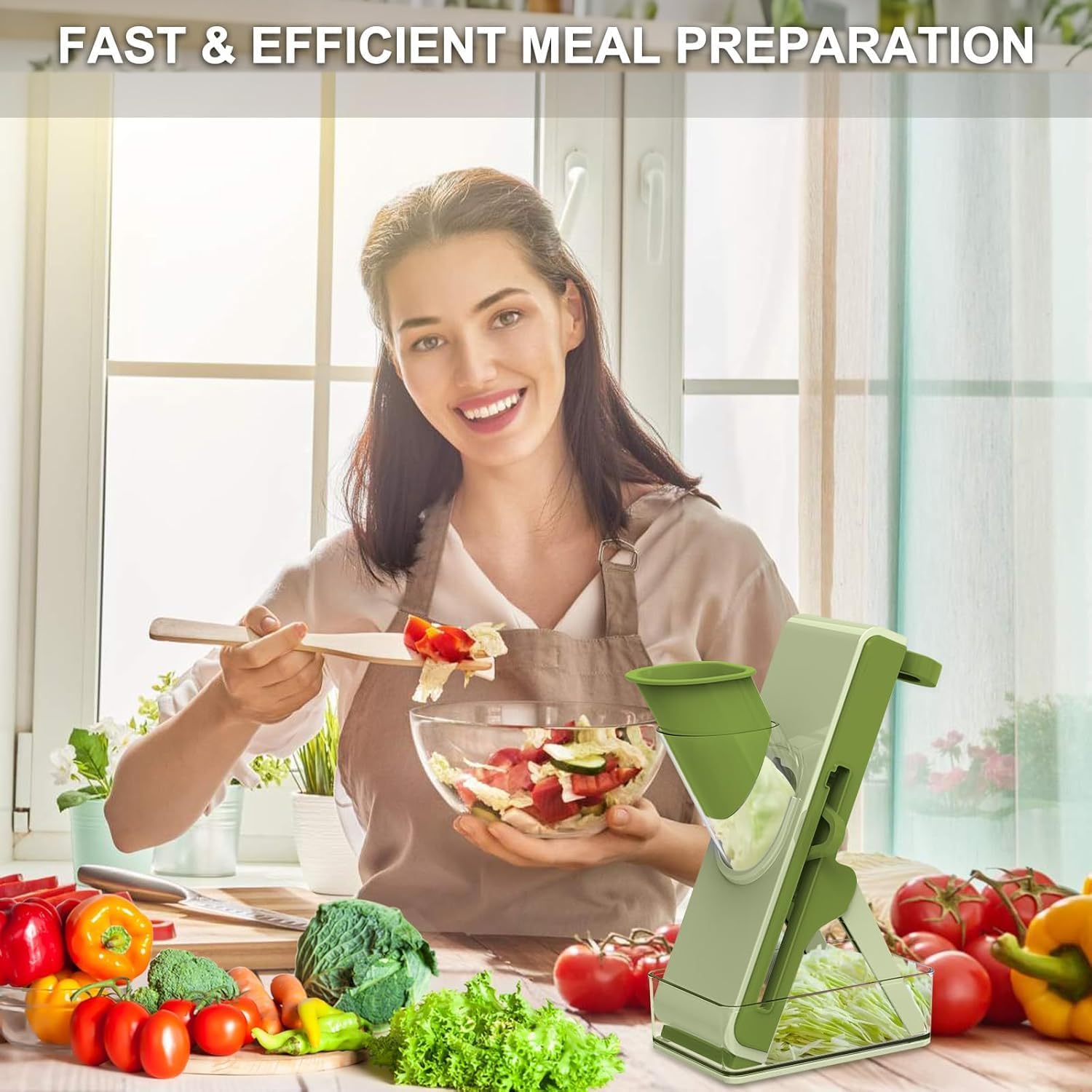Safe Mandoline Slicer for Kitchen, Vegetable Slicer with Container, French Fry Cutter, All in 1 Julienne Slicer for Potato, Thickness Adjustable, Detachable Blade (Green) — image 2 of 6