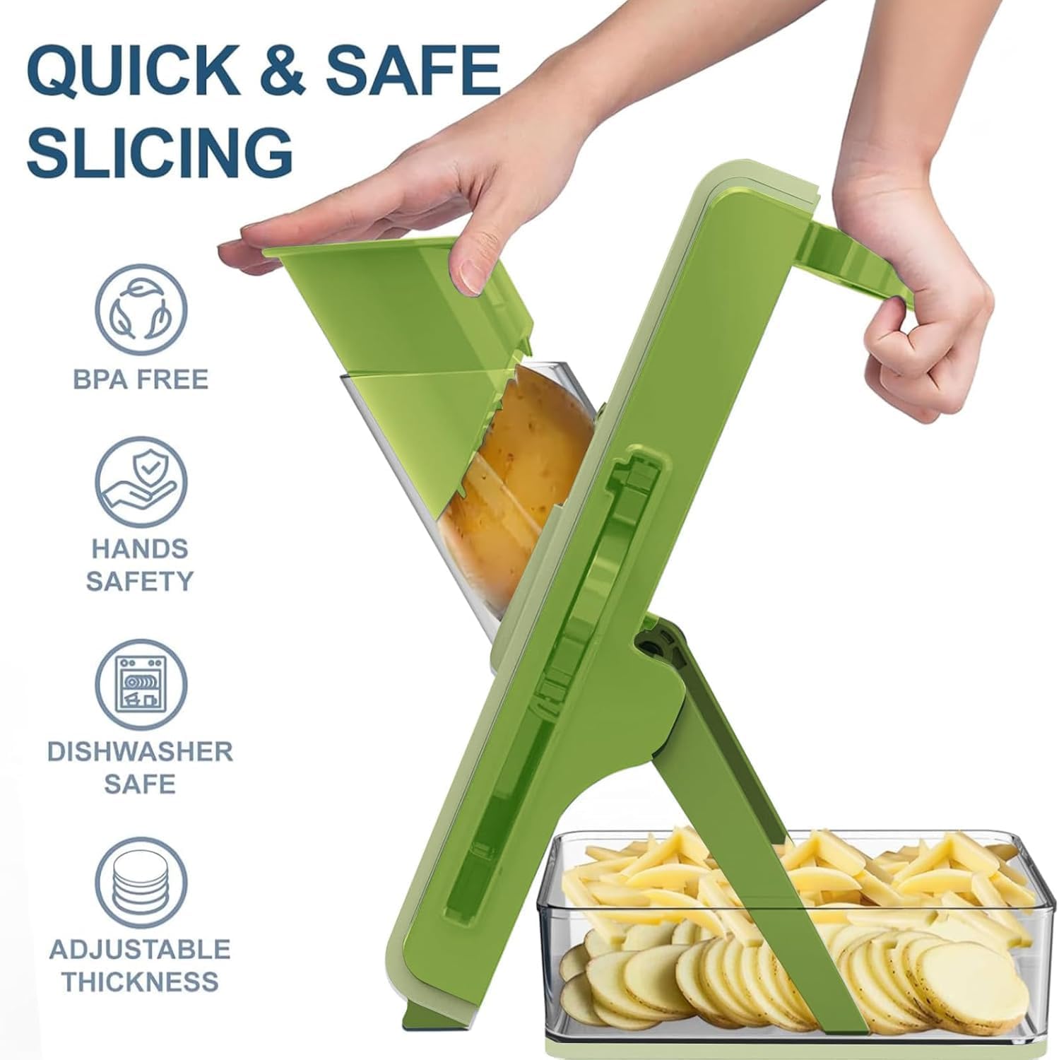Safe Mandoline Slicer for Kitchen, Vegetable Slicer with Container, French Fry Cutter, All in 1 Julienne Slicer for Potato, Thickness Adjustable, Detachable Blade (Green) — image 3 of 6