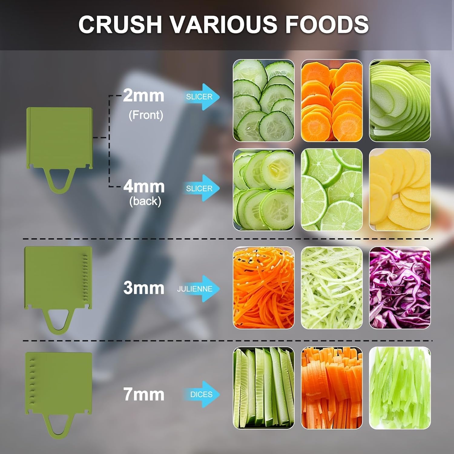Safe Mandoline Slicer for Kitchen, Vegetable Slicer with Container, French Fry Cutter, All in 1 Julienne Slicer for Potato, Thickness Adjustable, Detachable Blade (Green) — image 4 of 6