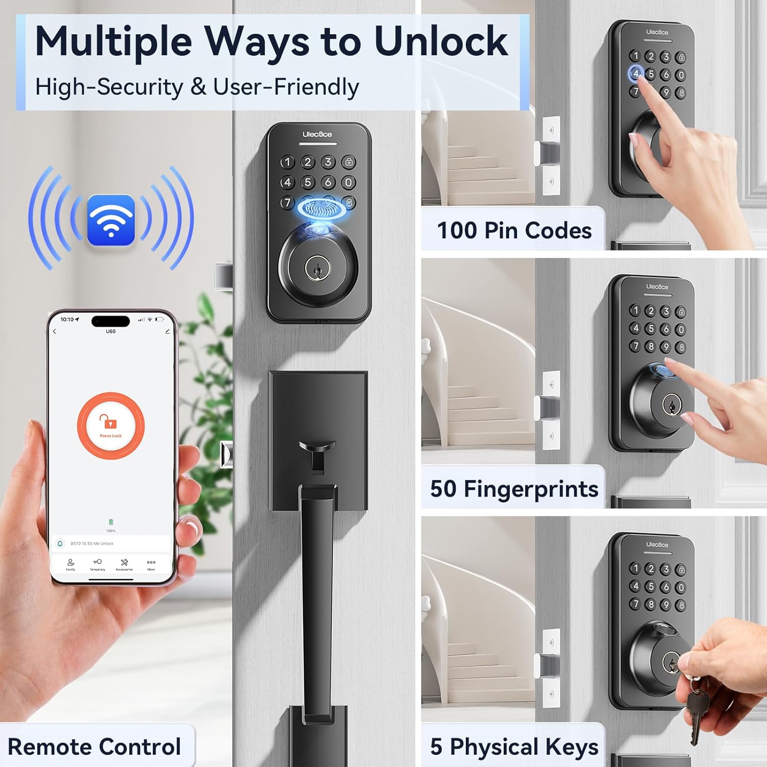 Ulecoce U68H Fingerprint Door Locks for Front Door with Handle Set, Black — image 2 of 9