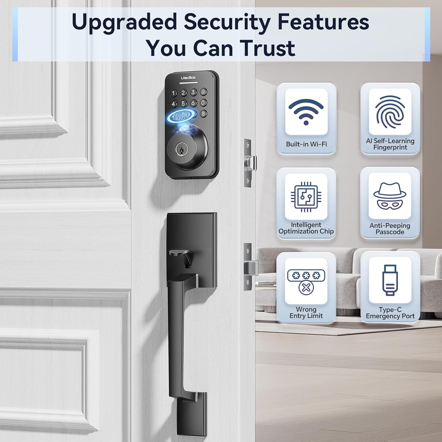 Ulecoce U68H Fingerprint Door Locks for Front Door with Handle Set, Black — image 4 of 9