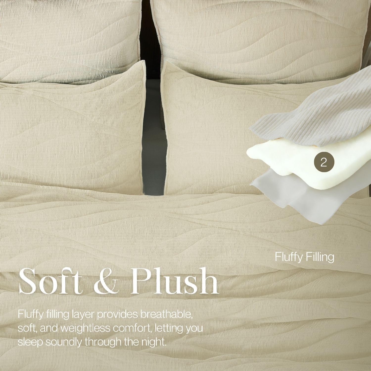 Crinkle Textured Velvet Quilt Set with Shams, All-Season Luxury Modern Bedding,Easy Care Comforter,Ultra-Soft,Lightweight & Breathable, Queen, Ivory White — image 2 of 12