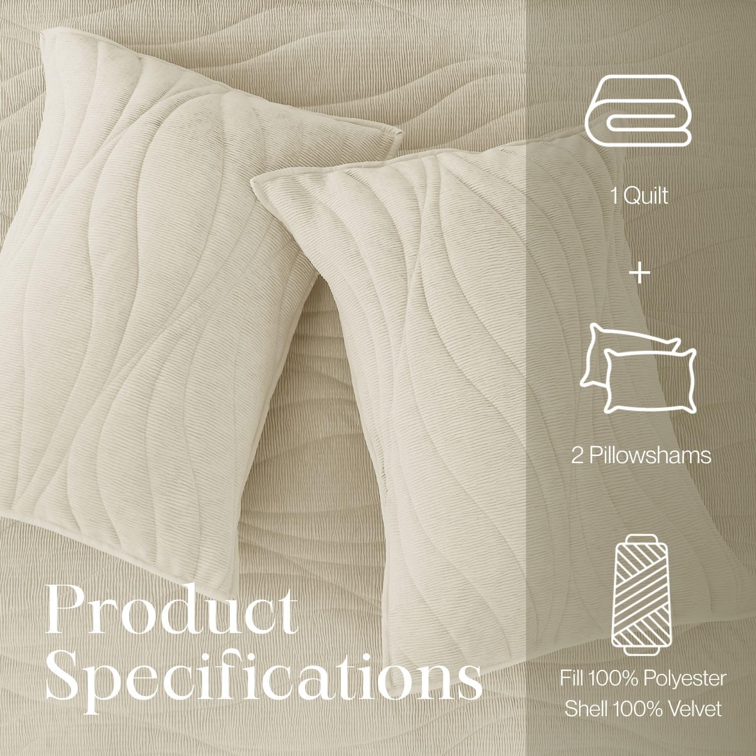 Crinkle Textured Velvet Quilt Set with Shams, All-Season Luxury Modern Bedding,Easy Care Comforter,Ultra-Soft,Lightweight & Breathable, Queen, Ivory White — image 4 of 12