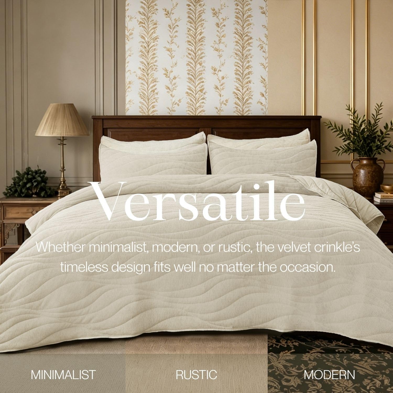 Crinkle Textured Velvet Quilt Set with Shams, All-Season Luxury Modern Bedding,Easy Care Comforter,Ultra-Soft,Lightweight & Breathable, Queen, Ivory White — image 5 of 12