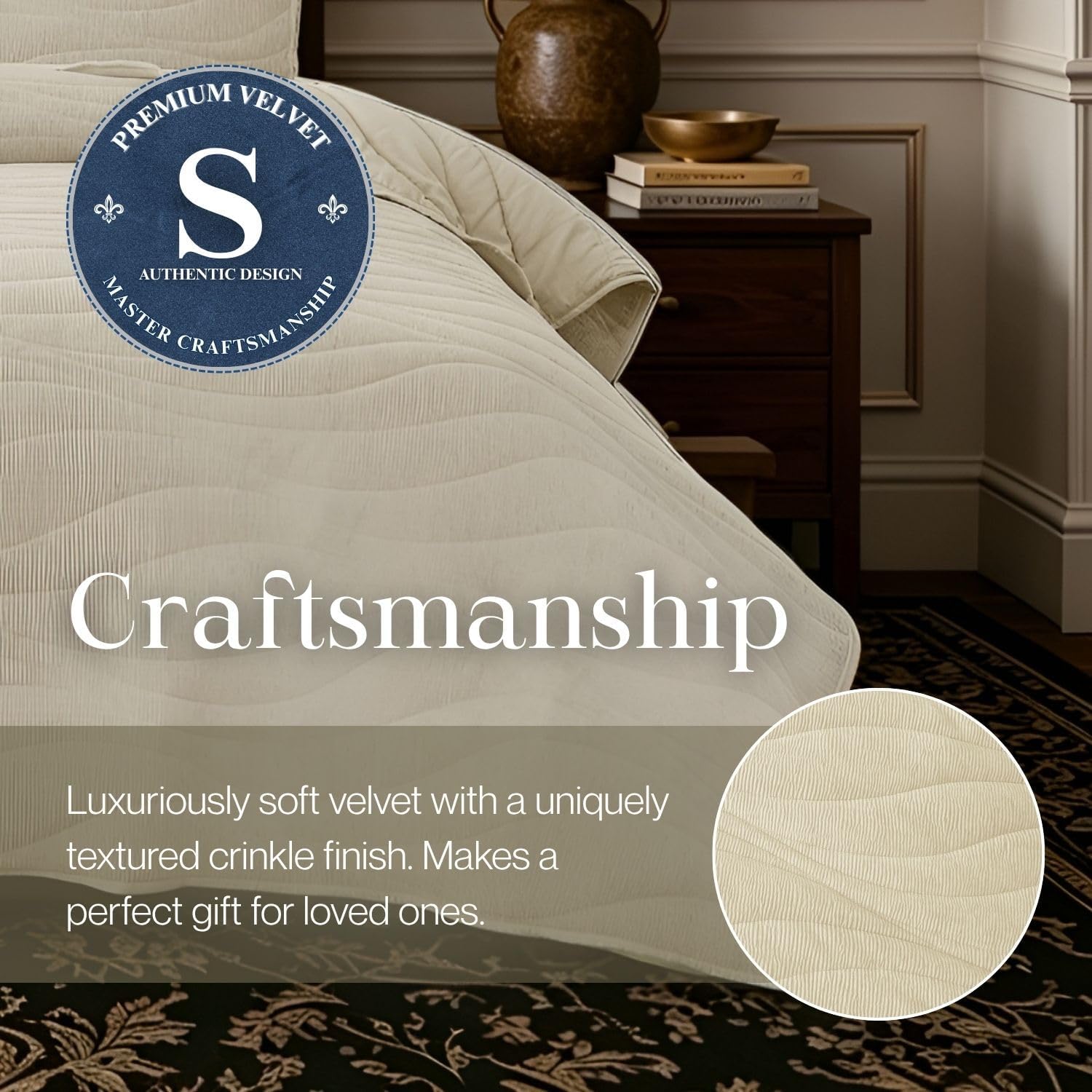 Crinkle Textured Velvet Quilt Set with Shams, All-Season Luxury Modern Bedding,Easy Care Comforter,Ultra-Soft,Lightweight & Breathable, Queen, Ivory White — image 6 of 12