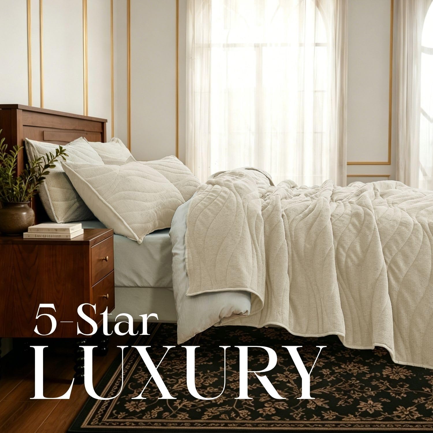 Crinkle Textured Velvet Quilt Set with Shams, All-Season Luxury Modern Bedding,Easy Care Comforter,Ultra-Soft,Lightweight & Breathable, Queen, Ivory White — image 8 of 12