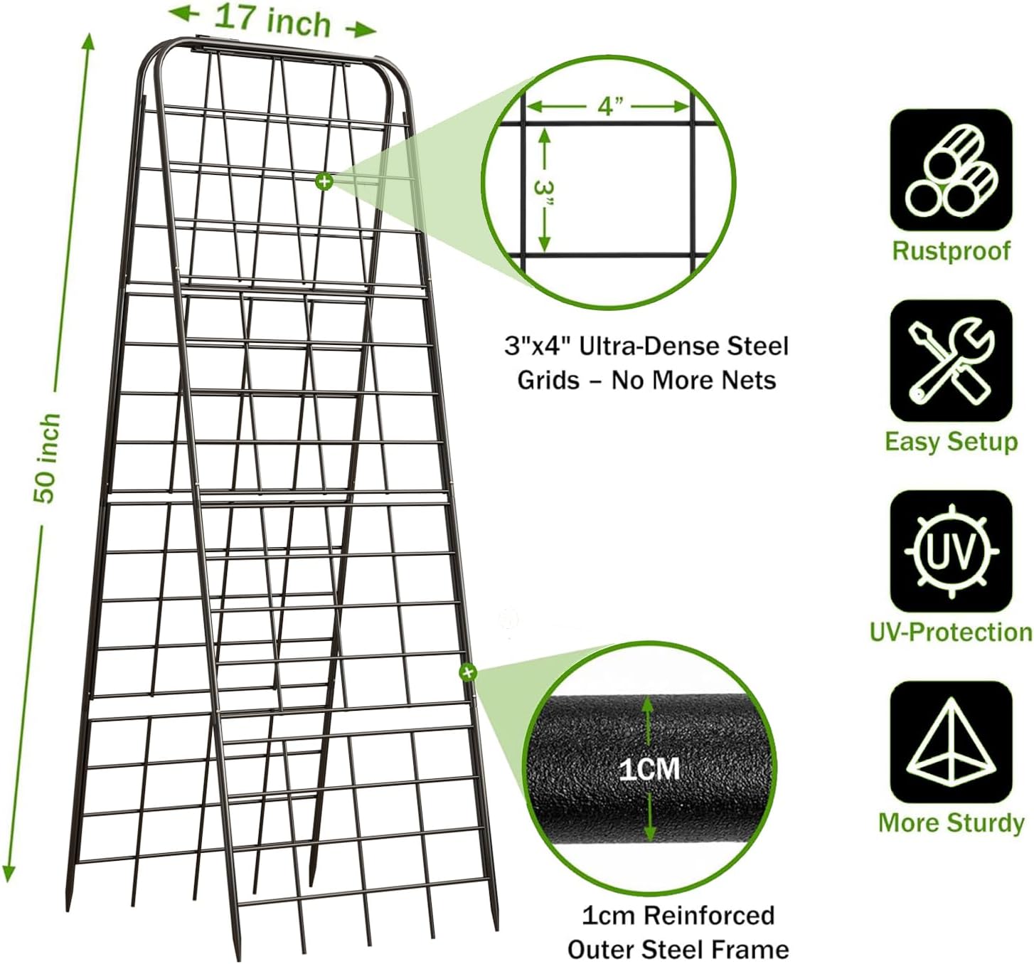 Heavy Duty 50"x17" Adjustable A-Frame Trellis for Climbing Plants – Rust-Proof Metal Garden Trellis with Dense Grid Design, Perfect for Raised Beds, Tomatoes, Cucumbers & Outdoor Vines (Black, 1 Pcs) — image 2 of 8