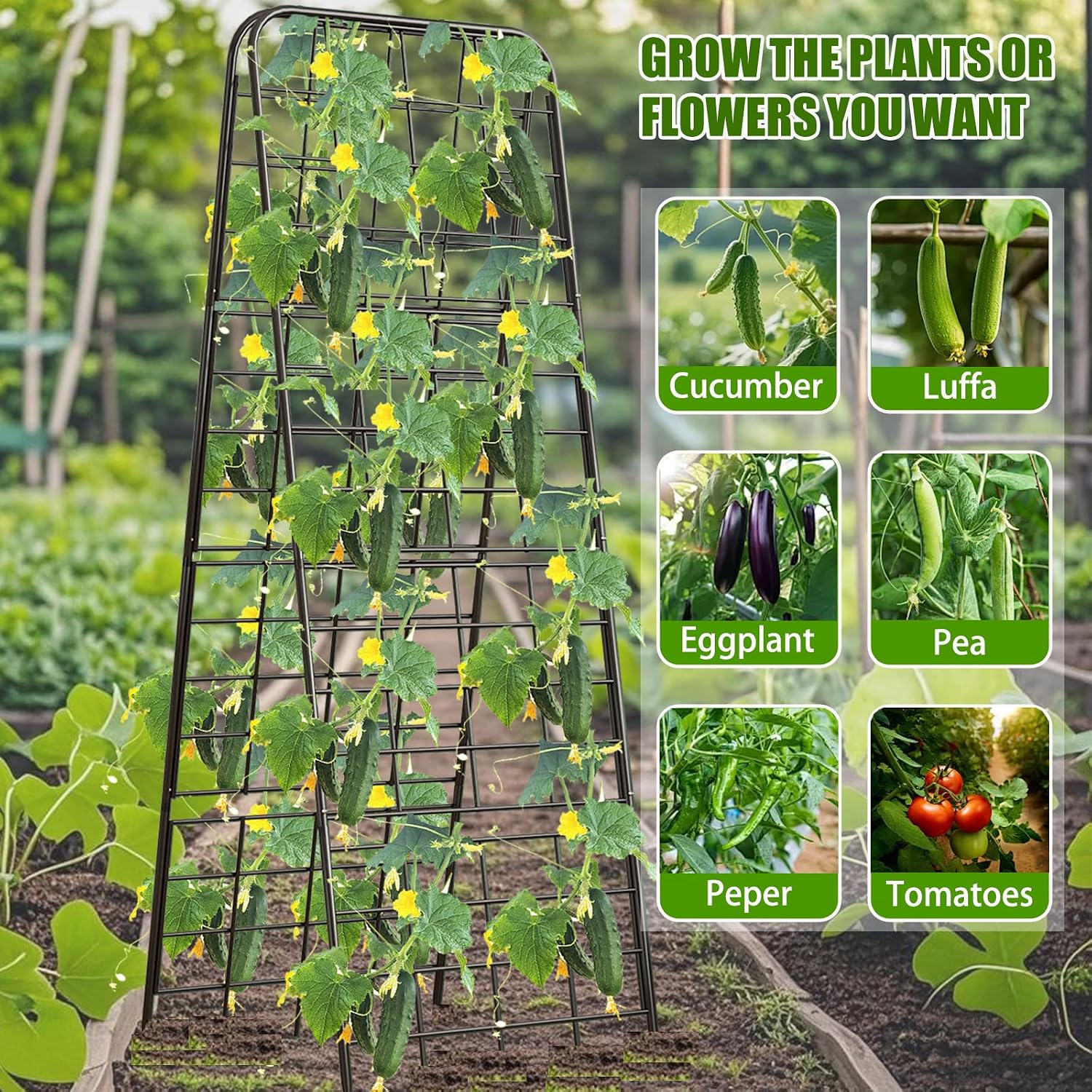 Heavy Duty 50"x17" Adjustable A-Frame Trellis for Climbing Plants – Rust-Proof Metal Garden Trellis with Dense Grid Design, Perfect for Raised Beds, Tomatoes, Cucumbers & Outdoor Vines (Black, 1 Pcs) — image 7 of 8