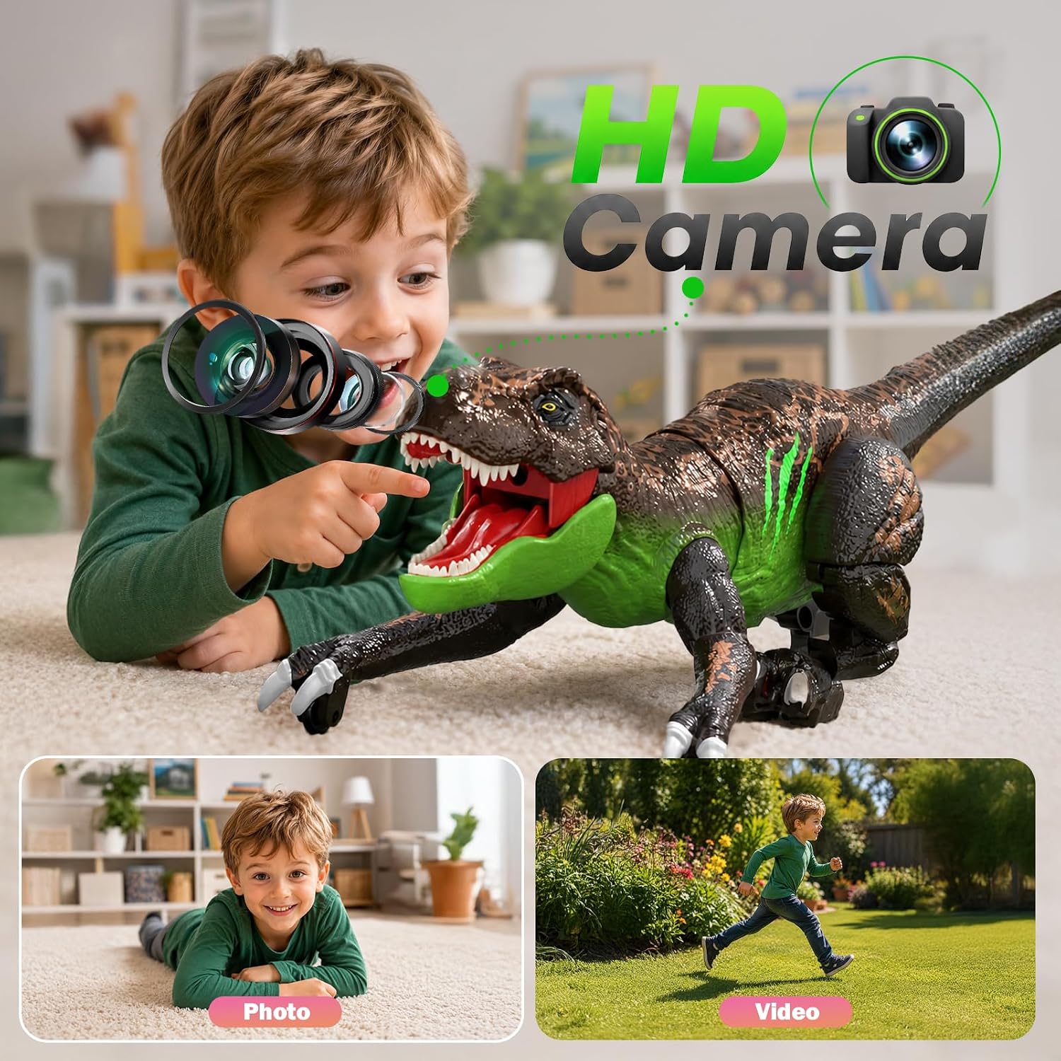 RC Dinosaur T-Rex Robot with Camera for Kids, Live Video RC LCD Screen, Crawling Motion Simulation, Smart Show Mode Spray Function Light Effect and Roar, Rechargeable Battery, Toys Gifts for Children — image 3 of 8