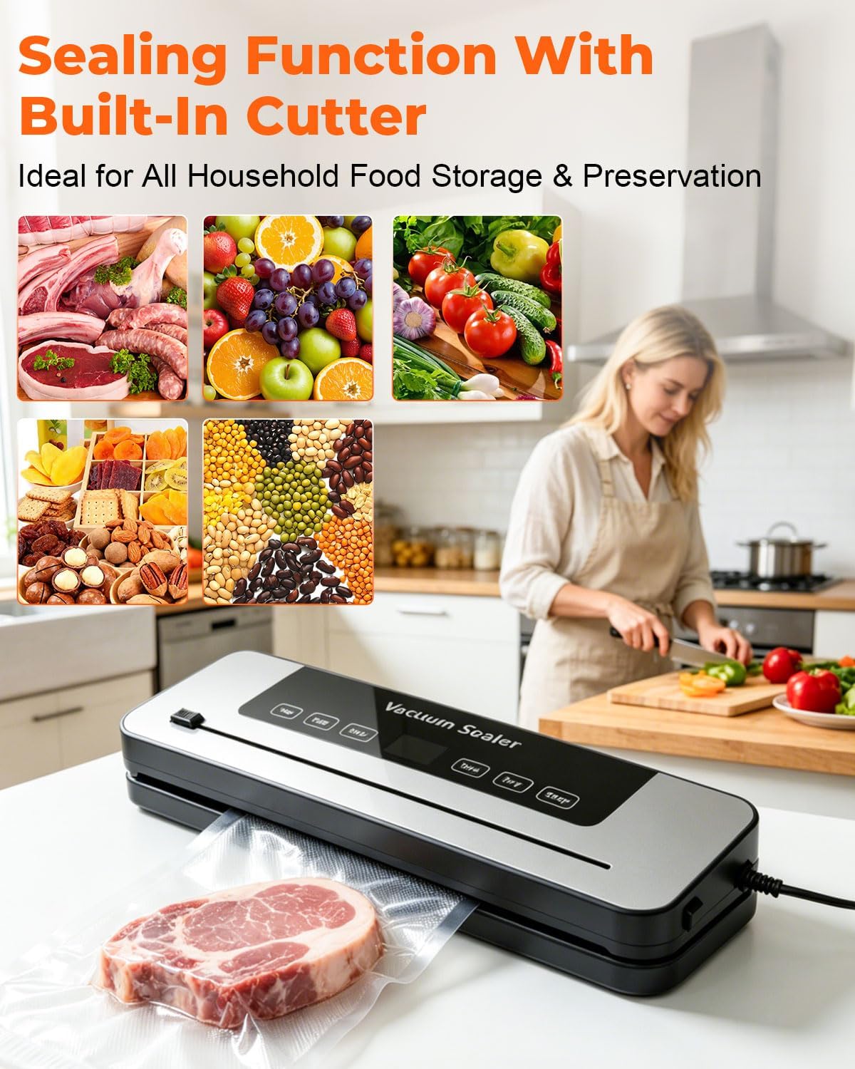 Vacuum Sealer Machine, 75KPa Strong Suction Dry Moist Mode Automatic Food Sealer with Digital Timer, Built-in Cutter, Compact Food Saver Machine White, Comes with 50 Vacuum Bags — image 2 of 7