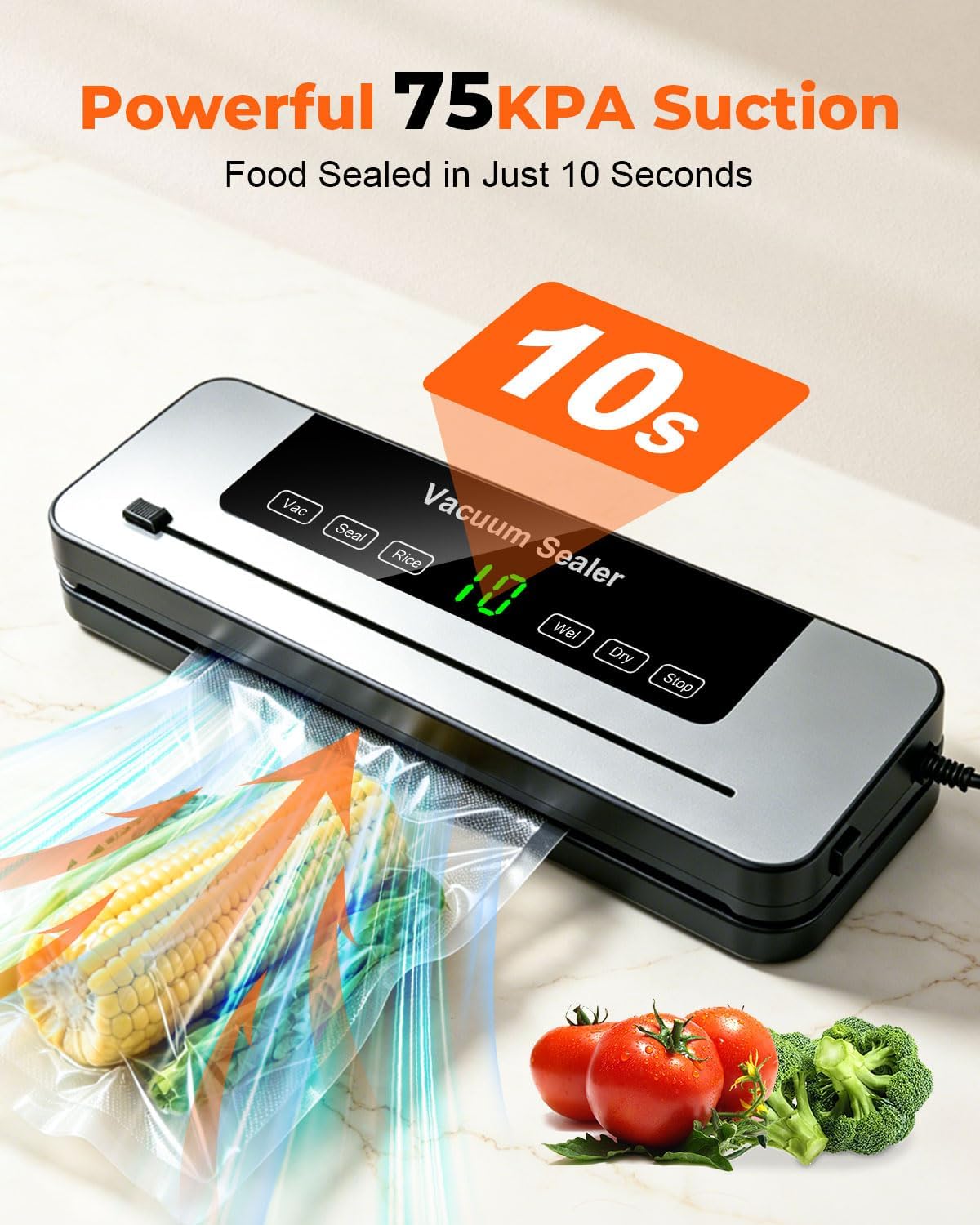 Vacuum Sealer Machine, 75KPa Strong Suction Dry Moist Mode Automatic Food Sealer with Digital Timer, Built-in Cutter, Compact Food Saver Machine White, Comes with 50 Vacuum Bags — image 3 of 7
