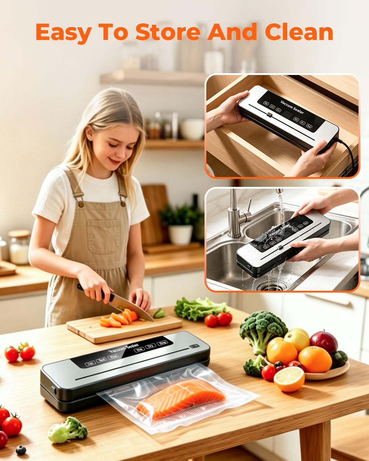 Vacuum Sealer Machine, 75KPa Strong Suction Dry Moist Mode Automatic Food Sealer with Digital Timer, Built-in Cutter, Compact Food Saver Machine White, Comes with 50 Vacuum Bags — image 4 of 7