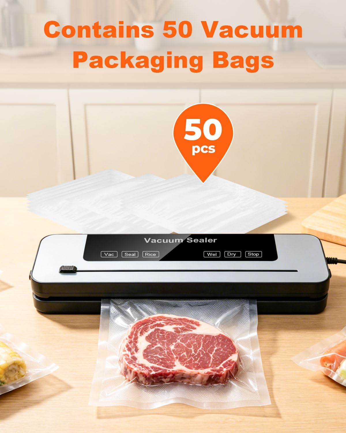Vacuum Sealer Machine, 75KPa Strong Suction Dry Moist Mode Automatic Food Sealer with Digital Timer, Built-in Cutter, Compact Food Saver Machine White, Comes with 50 Vacuum Bags — image 7 of 7