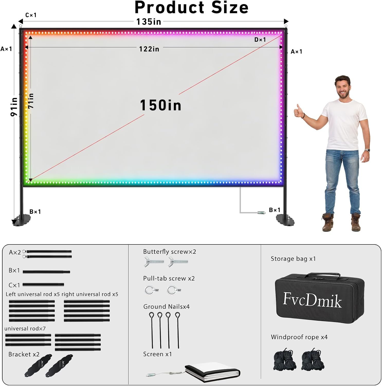 150" Portable Projector Screen with Stand and USB String Lights — image 7 of 7