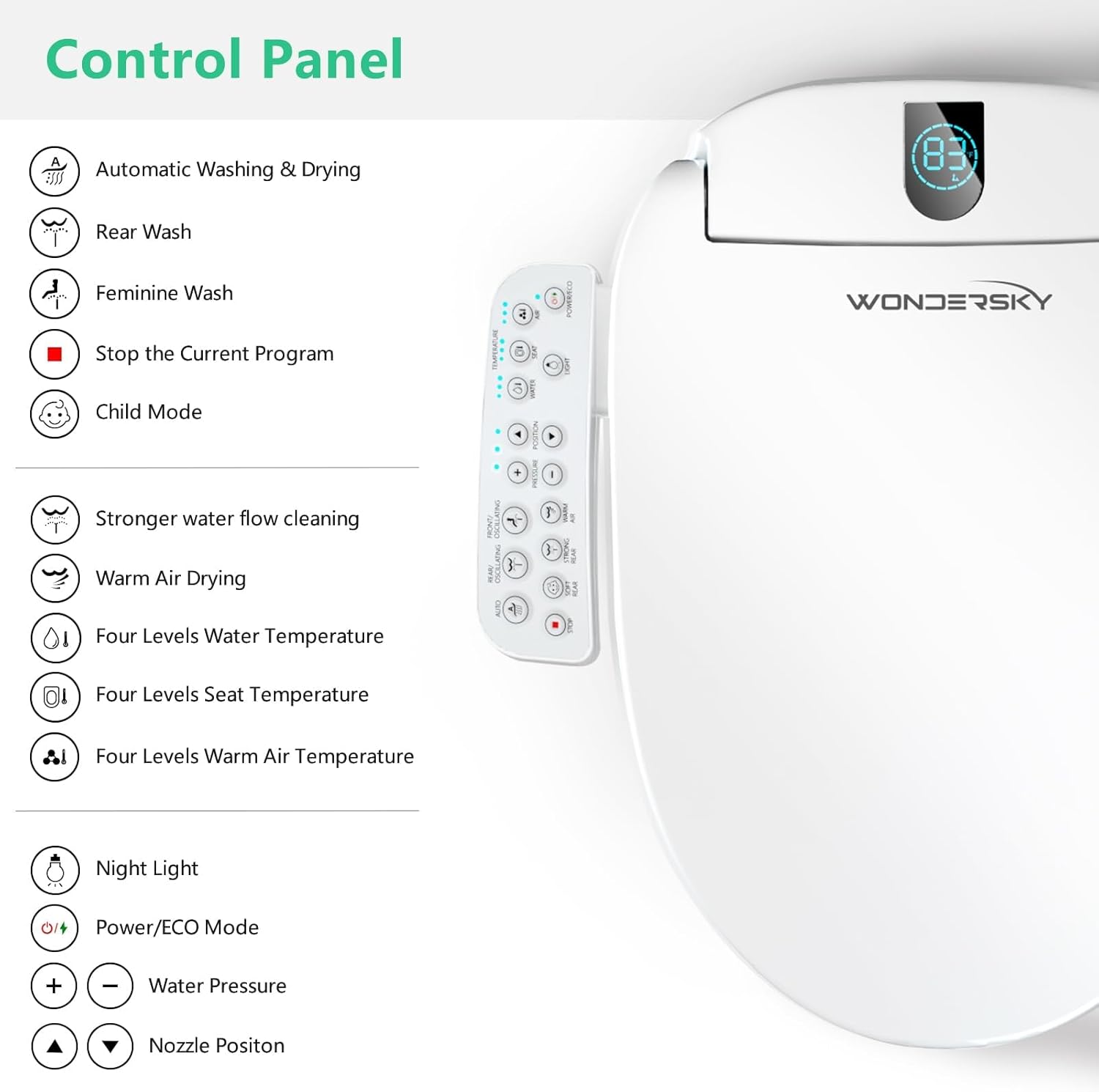 Round Bidet Toilet Seat, Smart Heated Toilet Seat with Warm Water and Dryer, Soft Close Bidet Seat with Adjustable Temperature, Stainless Steel Nozzle — image 2 of 10