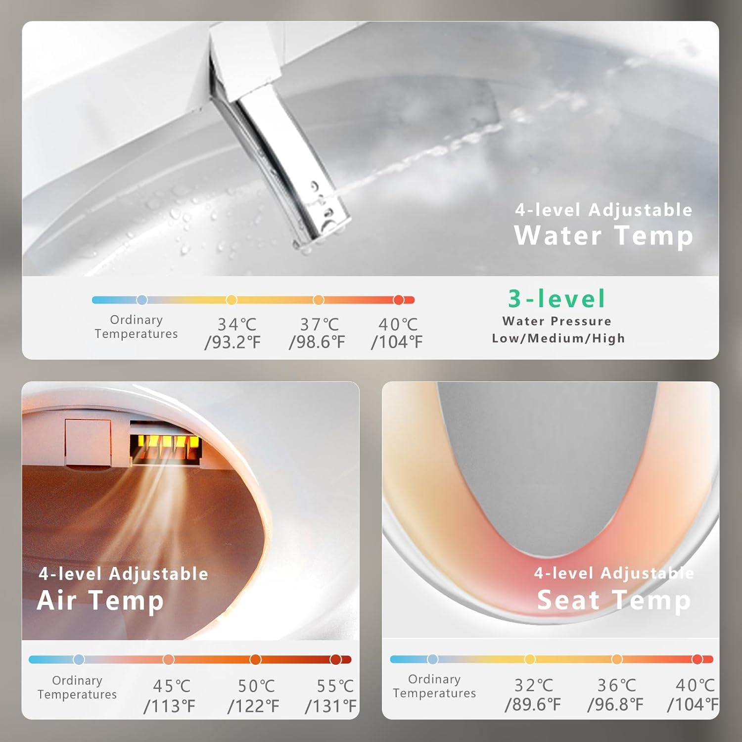 Round Bidet Toilet Seat, Smart Heated Toilet Seat with Warm Water and Dryer, Soft Close Bidet Seat with Adjustable Temperature, Stainless Steel Nozzle — image 3 of 10
