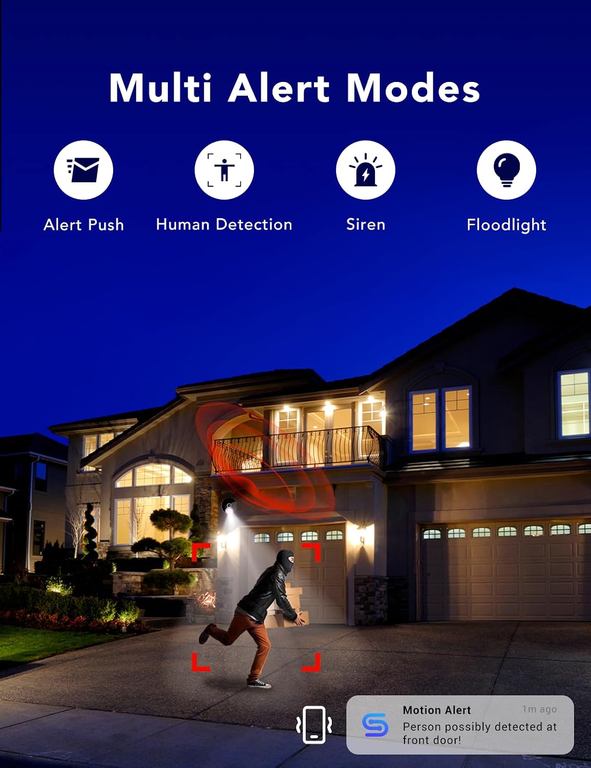 2K Wired Security Camera, Indoor/Outdoor for Home, Pet, Baby, Nanny, IP65 Waterproof Color Night Vision, White Light & Siren, Recording, Motion Detection, Works with Alexa,Pulg in, Black-4P — image 7 of 7