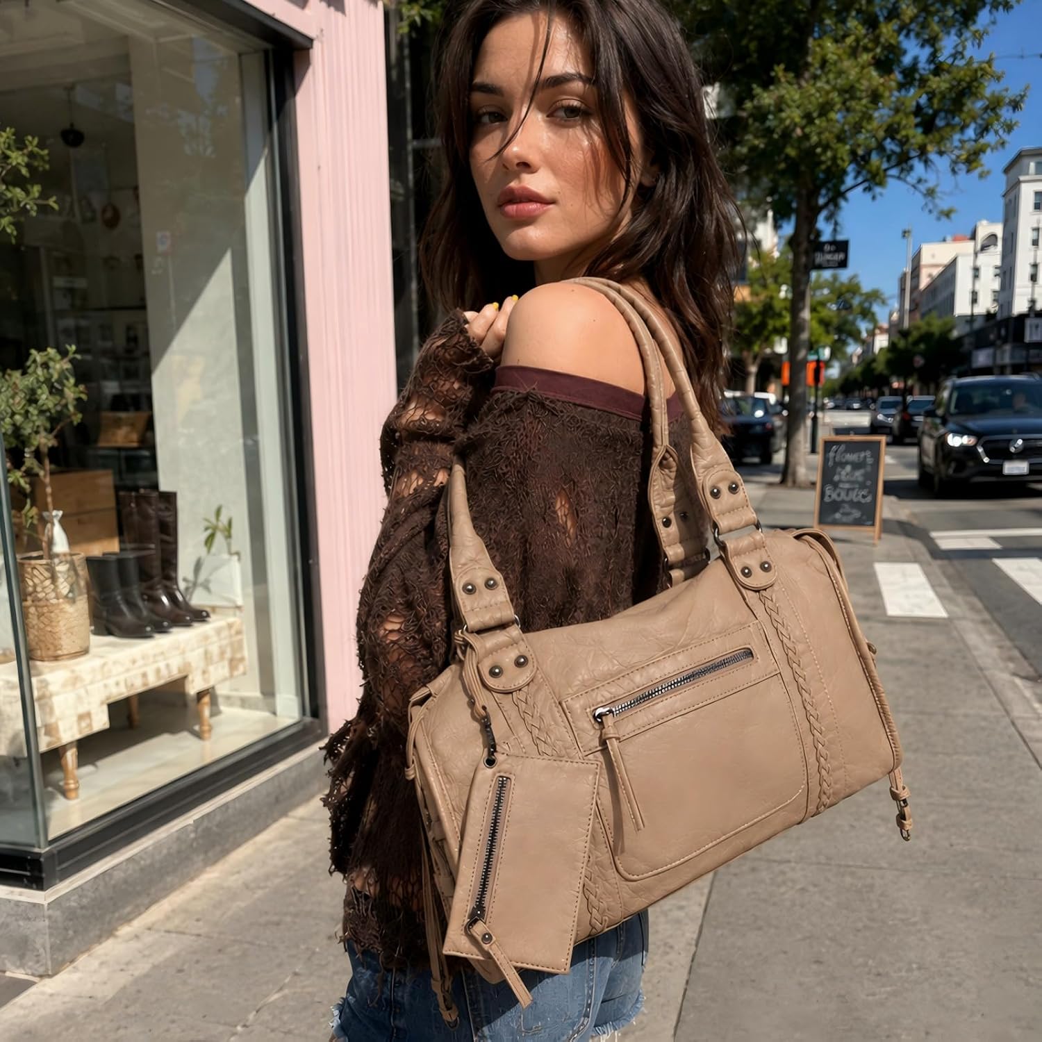 Y2K Vintage Hobo Shoulder Bag for Women, Vegan Leather Tote (Khaki) — image 2 of 7