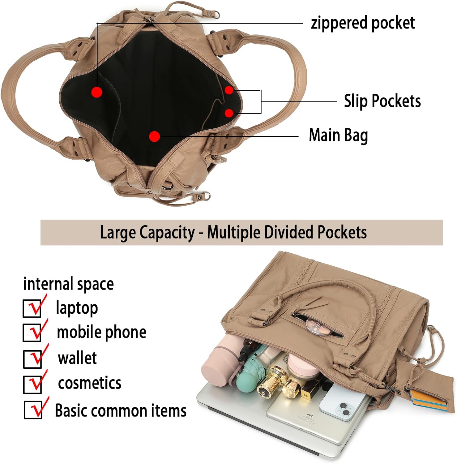 Y2K Vintage Hobo Shoulder Bag for Women, Vegan Leather Tote (Khaki) — image 5 of 7