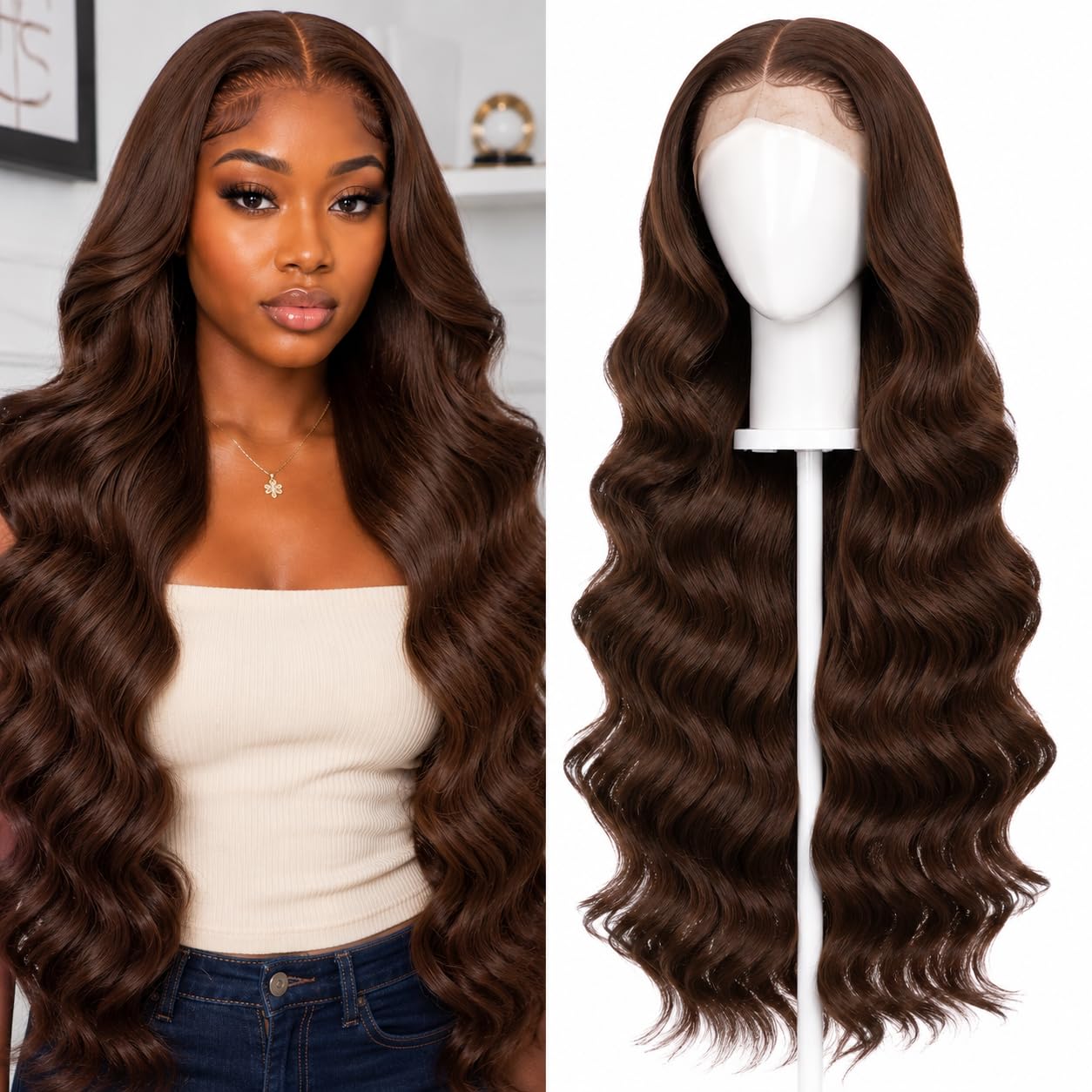 30 Inch 13x6 Lace Front Wig Synthetic Heat Resistant Body Wave PrePlucked HD Transparent Lace Wigs Black — image 8 of 11